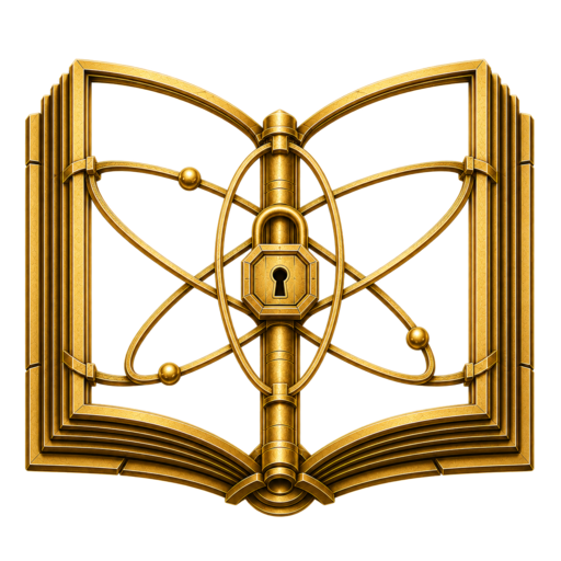 The Book of PQC mark: an open book rendered in gold, with an atomic orbital circling a keyhole lock at its spine.